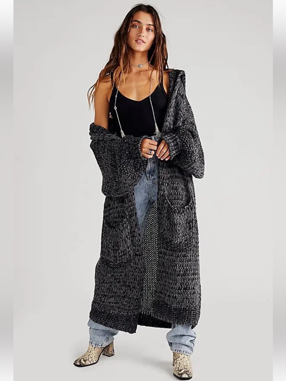 New: POL Marbled Chunky Knit Open Front Patch Pockets Hooded Longline Duster• S